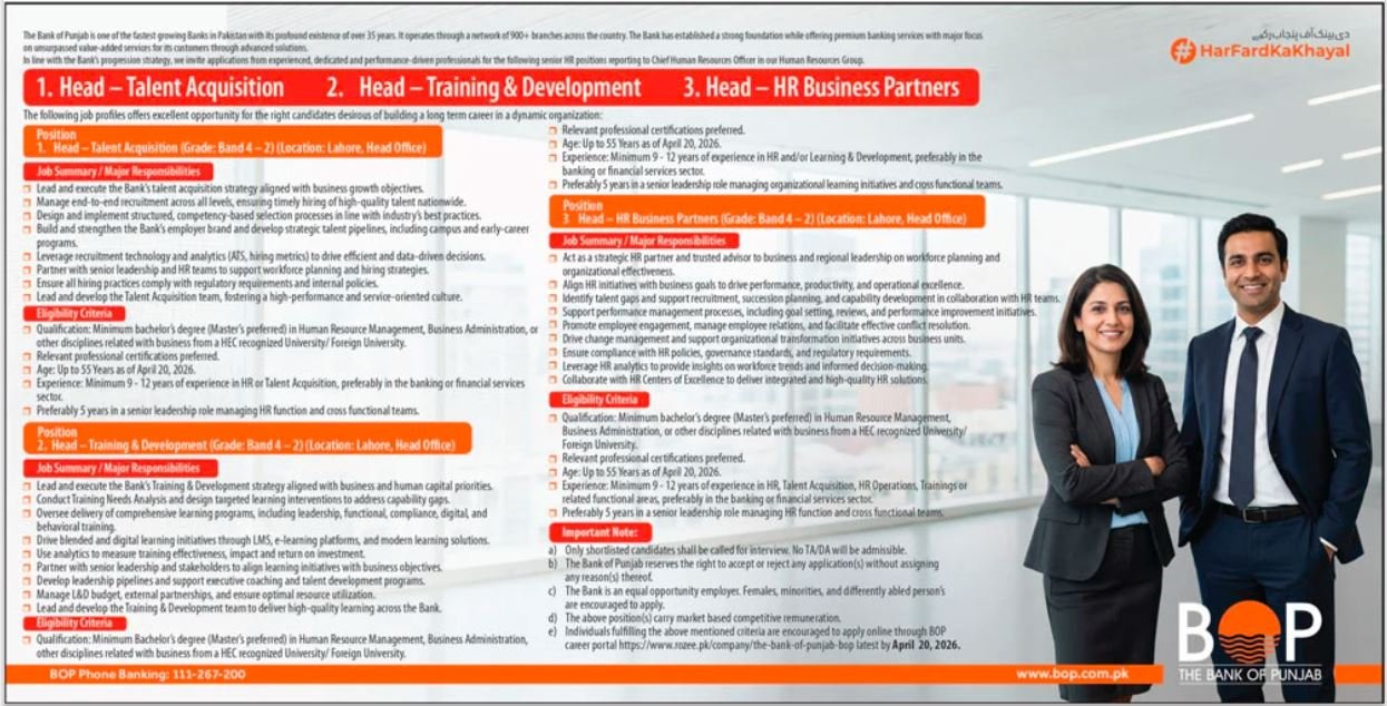 The Bank of Punjab (BOP) Jobs 2026 – Senior HR Leadership Positions