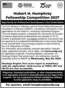 Hubert H. Humphrey Fellowship Competition 2027 – Apply Through USEFP Pakistan