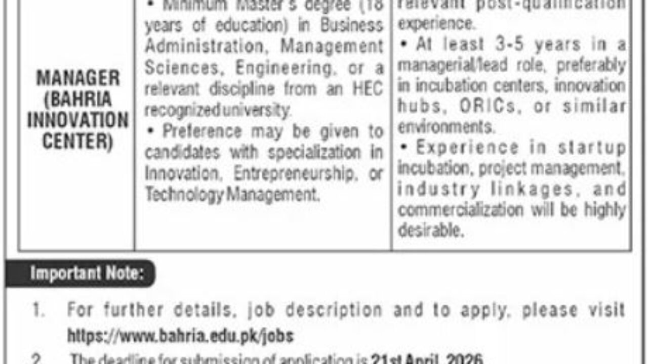 Bahria University Islamabad Jobs 2026 – Manager (Bahria Innovation Center)