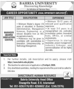 Bahria University Islamabad Jobs 2026 – Manager (Bahria Innovation Center)