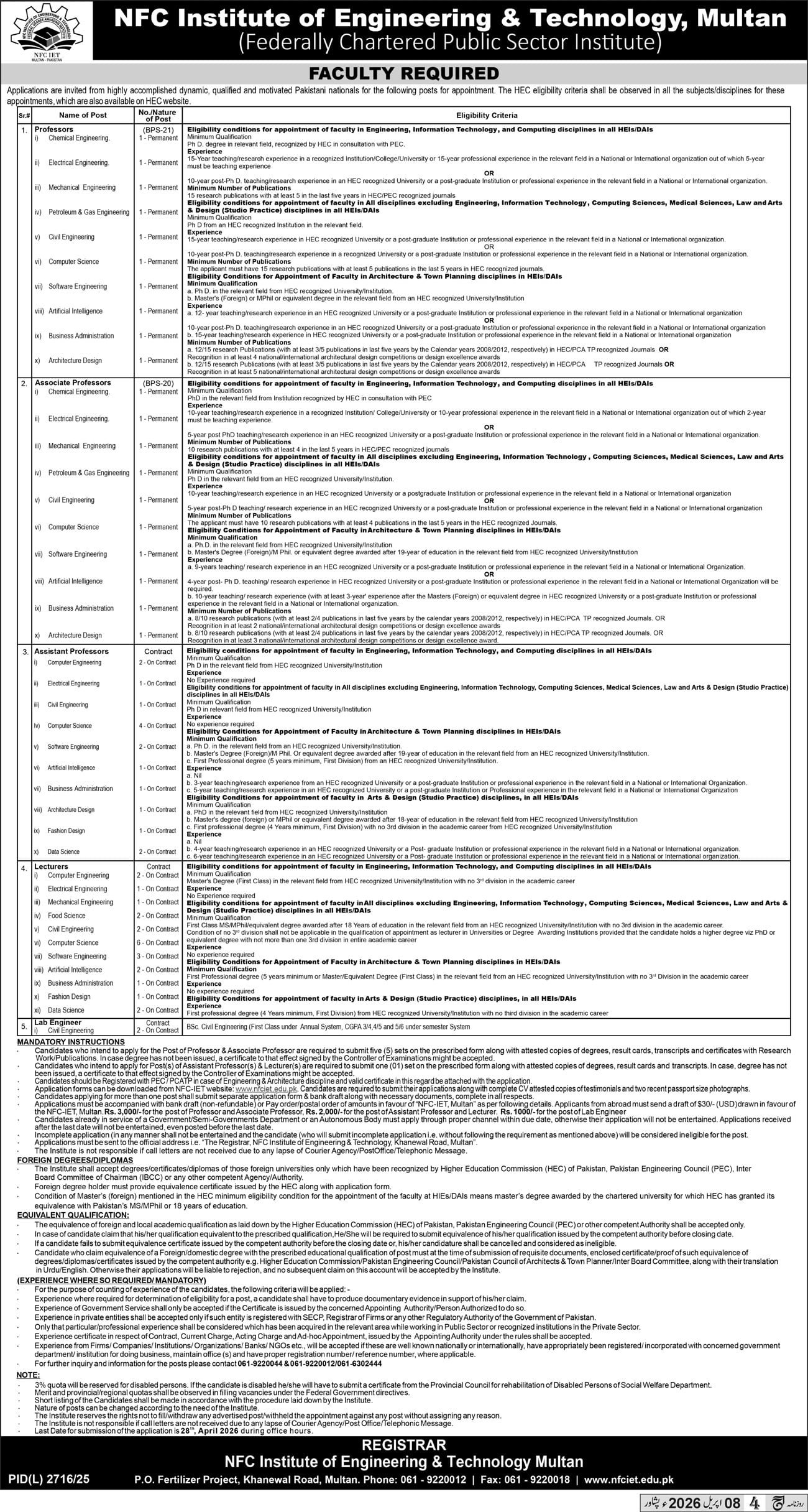 NFC Institute of Engineering & Technology Multan Jobs 2026 – Professors, Associate Professors, Lecturers & Lab Engineers