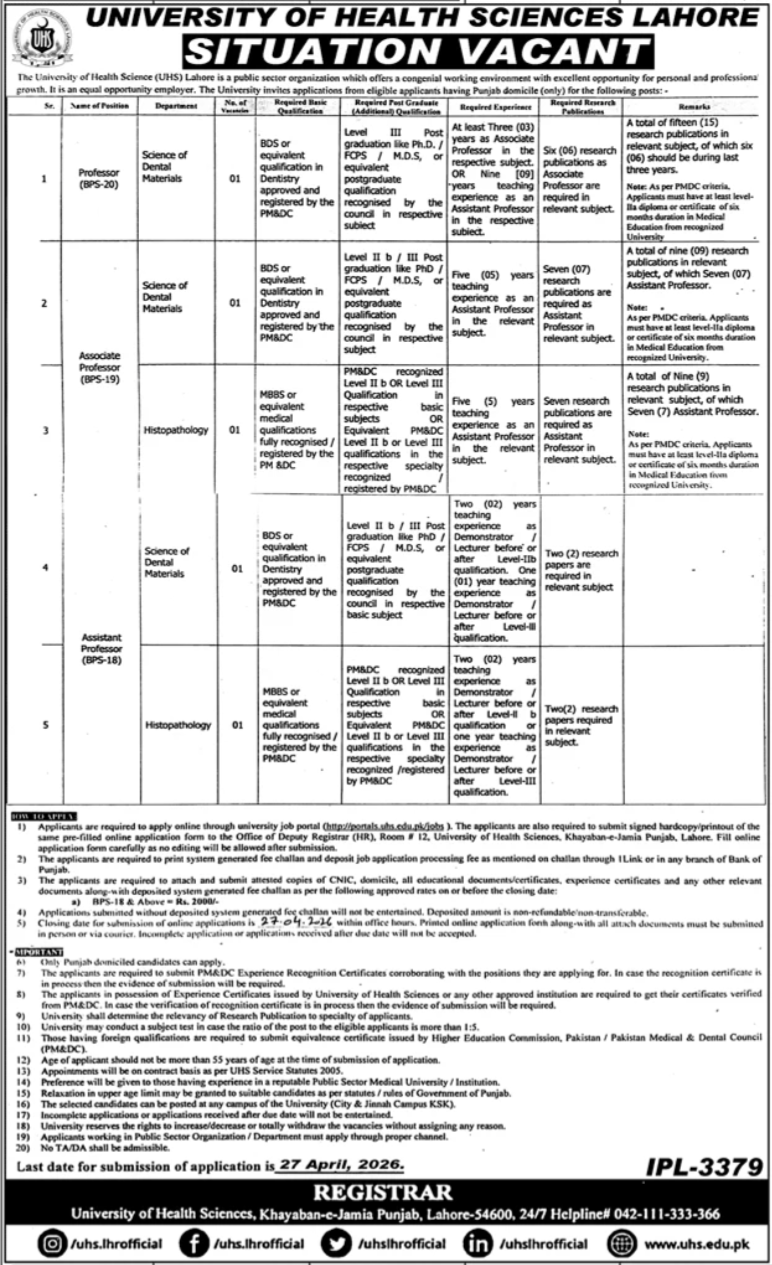University of Health Sciences Lahore Jobs 2026 – Professors & Assistant Professors Required