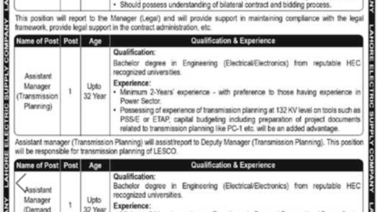 Lahore Electric Supply Company (LESCO) Jobs 2026 in Lahore – Management Vacancies Announced