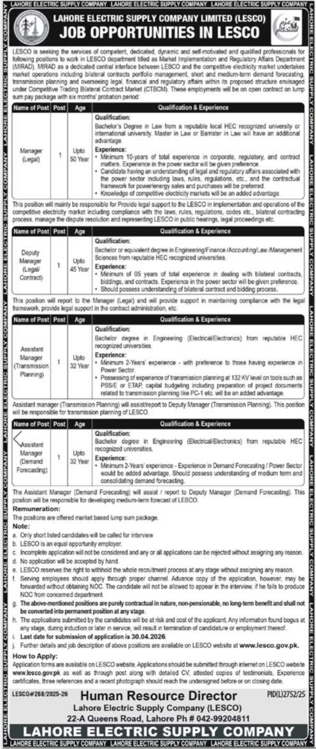 Lahore Electric Supply Company (LESCO) Jobs 2026 in Lahore – Apply Online Before 30 April