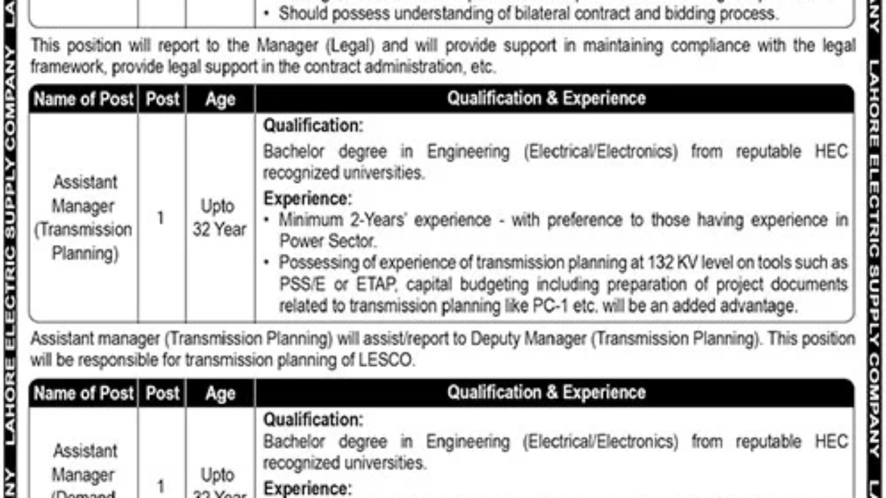 Lahore Electric Supply Company LESCO Jobs 2026 in Lahore – Apply Online Before 30 April