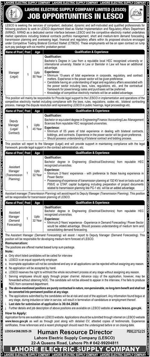 Lahore Electric Supply Company LESCO Jobs 2026 in Lahore – Apply Online Before 30 April
