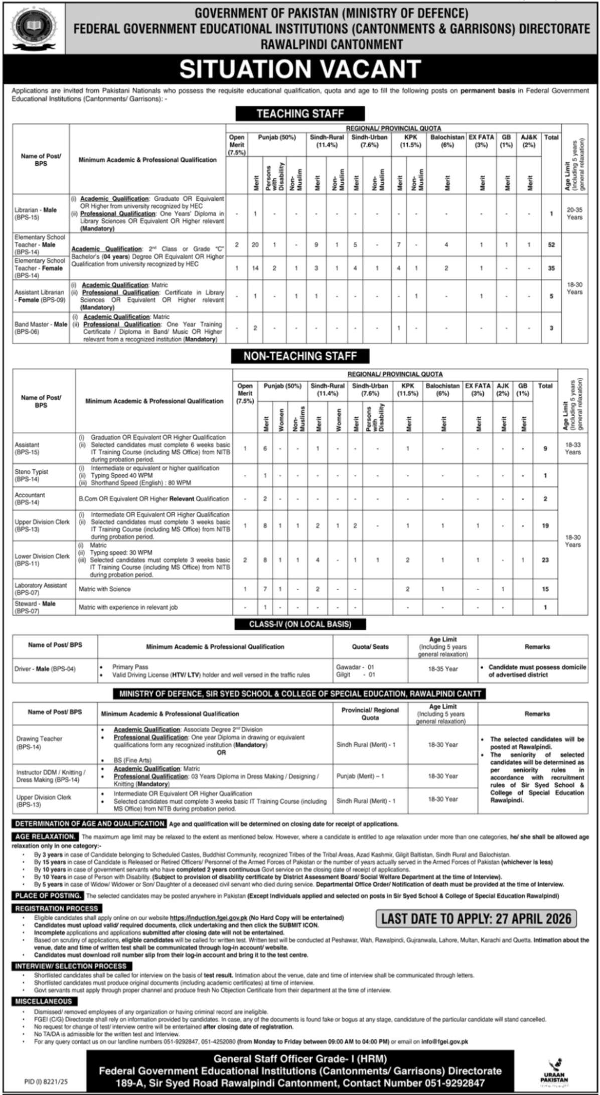 Federal Government Educational Institutions (Cantonments & Garrisons) Directorate Jobs 2026 – Rawalpindi Cantt