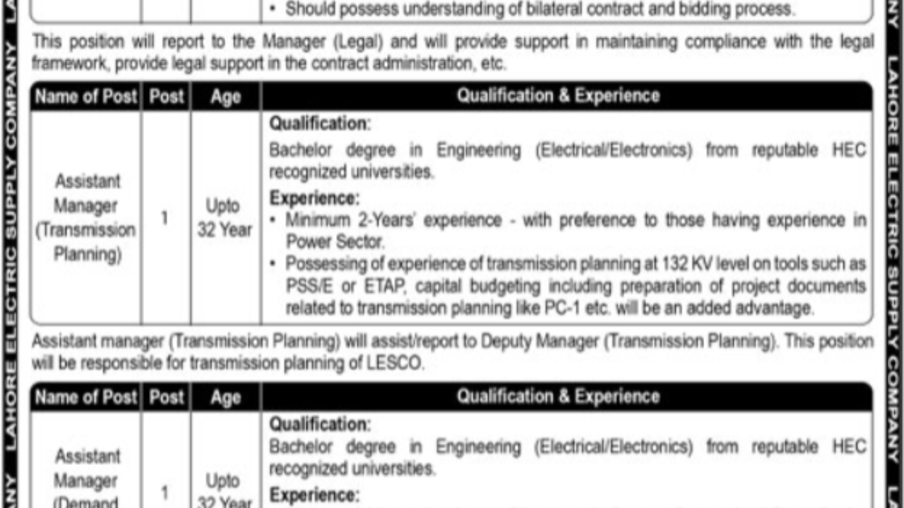 Lahore Electric Supply Company (LESCO) Jobs 2026 – Lahore