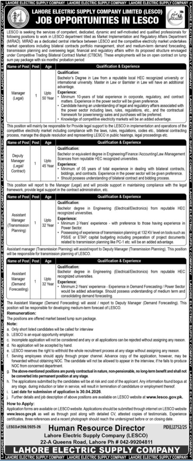 Lahore Electric Supply Company (LESCO) Jobs 2026 – Lahore