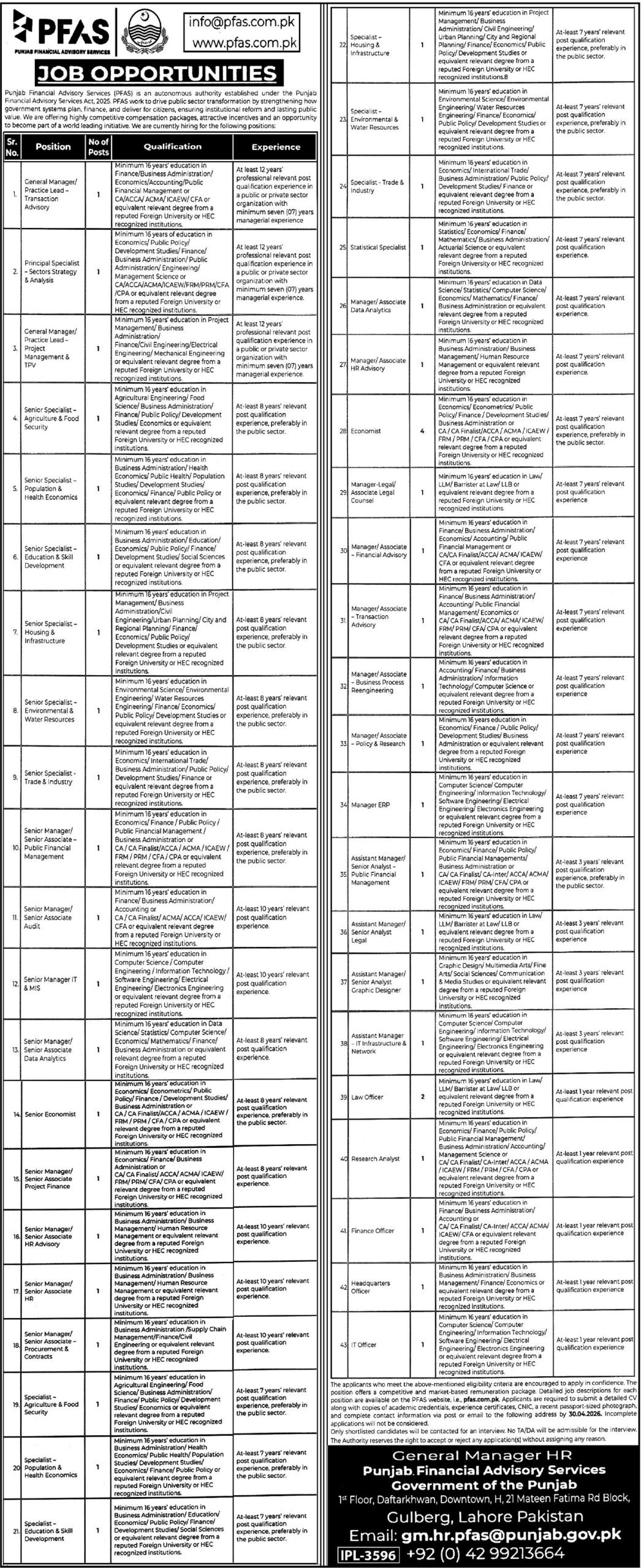 Punjab Financial Advisory Services PFAS Jobs 2026 in Lahore – Apply Online for Management & Specialist Positions