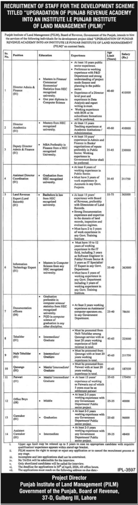 Board of Revenue Punjab Jobs 2026 – Punjab Institute of Land Management (PILM) Vacancies in Lahore