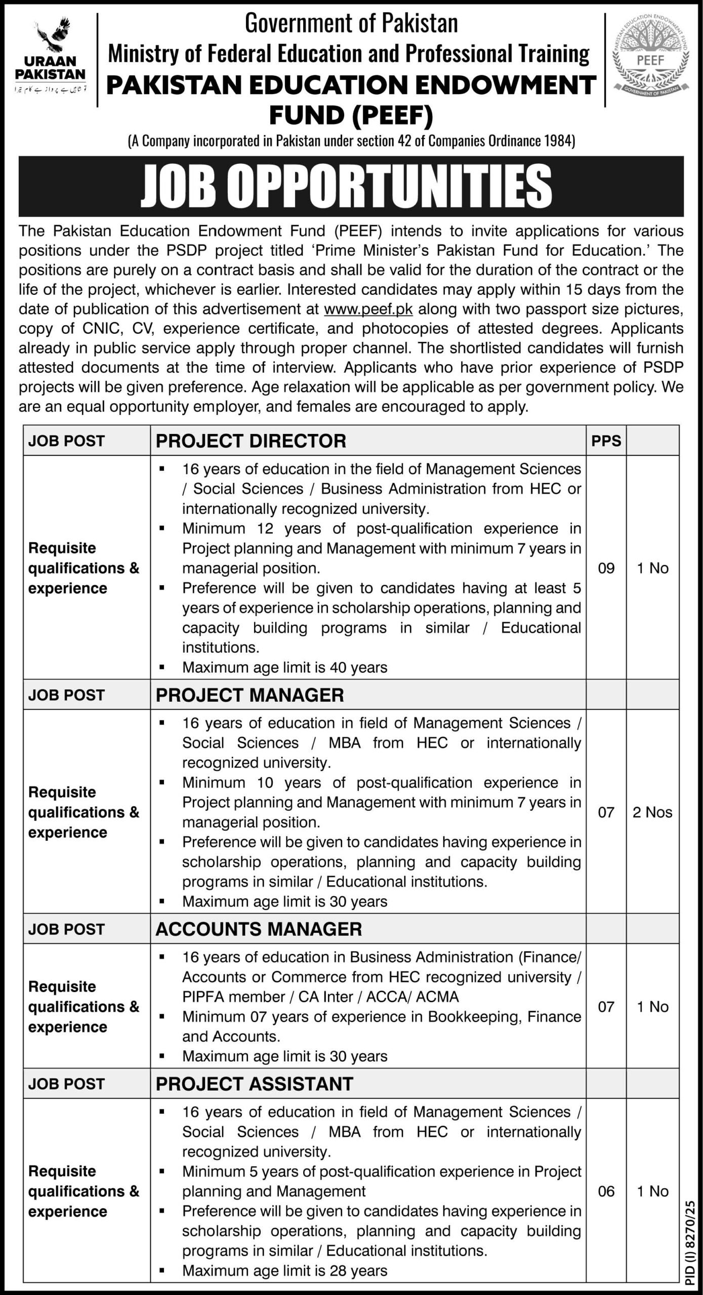 Pakistan Education Endowment Fund (PEEF) Jobs 2026 in Islamabad – Apply for Project-Based Government Positions