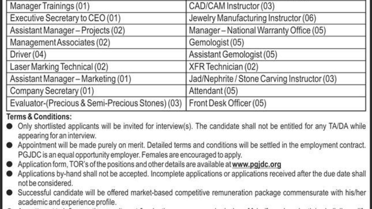 Pakistan Gems and Jewellery Development Company Jobs 2026 – Apply Online (Multiple Vacancies in Karachi)