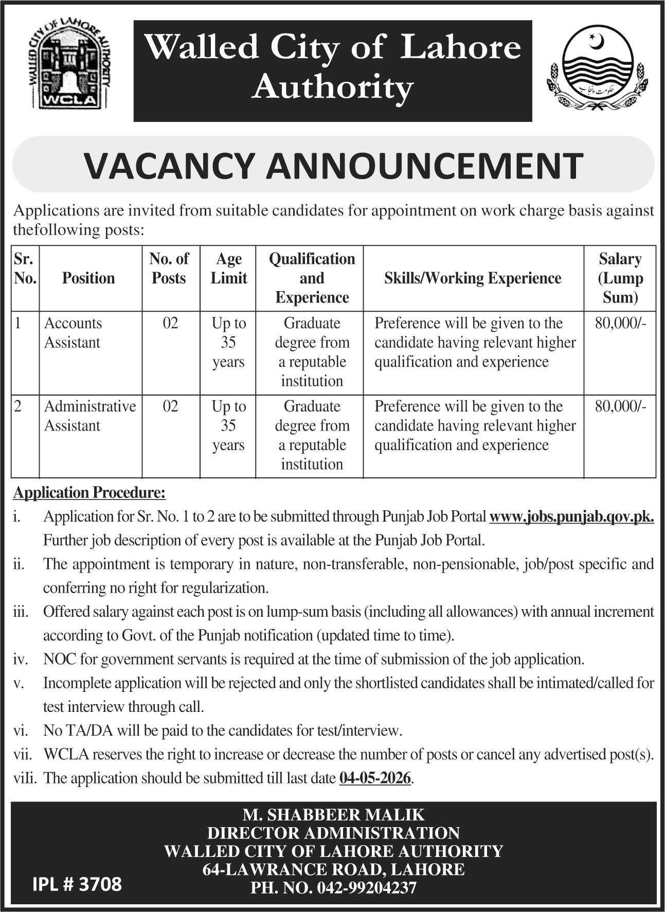 Walled City of Lahore Authority Jobs 2026 – Accounts & Administrative Assistant Vacancies