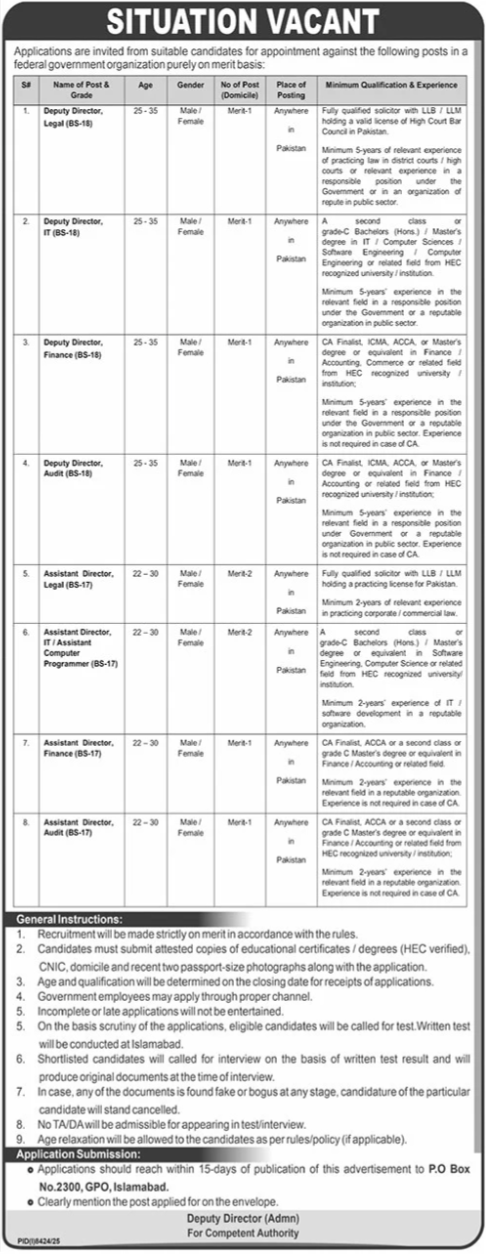 Federal Government Organization Jobs 2026 in Islamabad – Deputy & Assistant Director Vacancies