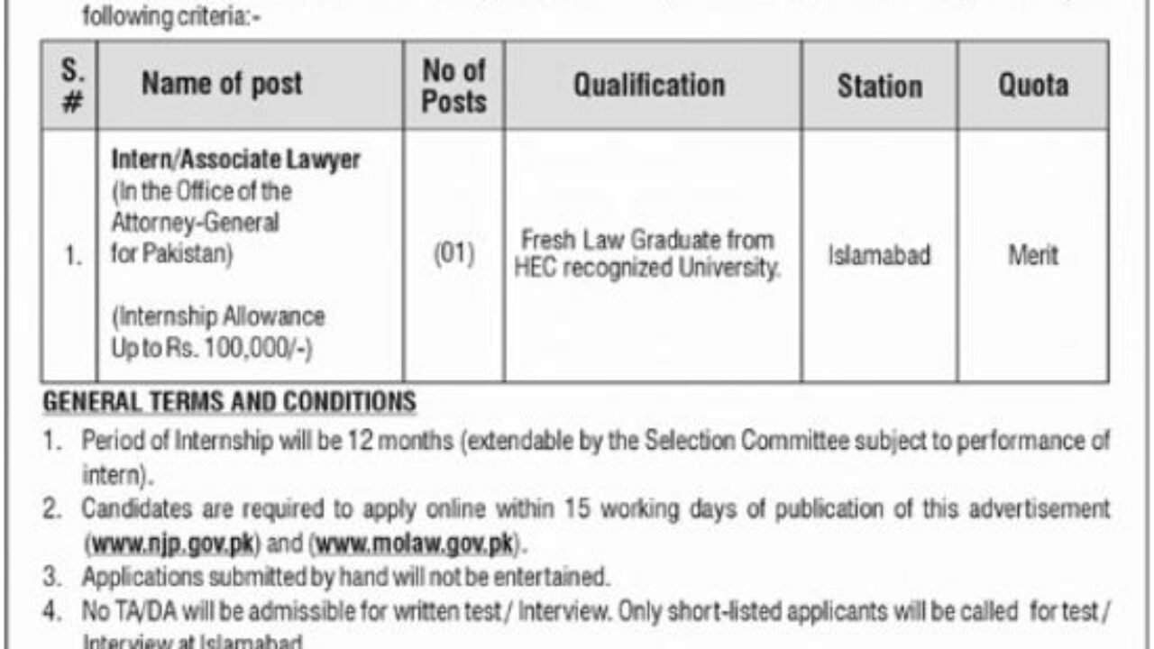 Ministry of Law & Justice Internship 2026 in Islamabad – Apply Online