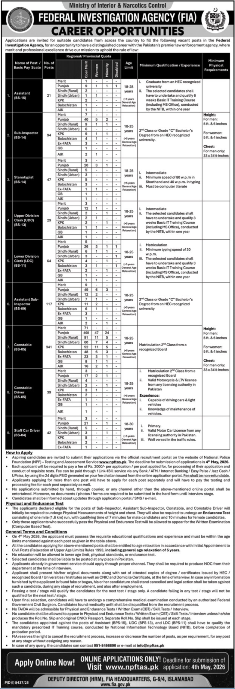 Federal Investigation Agency (FIA) Jobs 2026 in Islamabad – Multiple Vacancies | Apply Before 04 May 2026