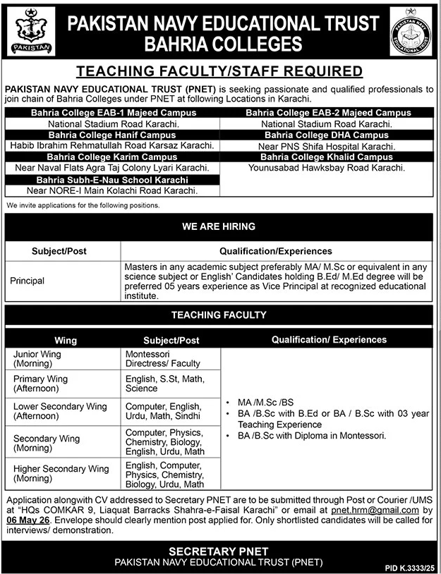 Pakistan Navy Educational Trust Jobs 2026 – Karachi