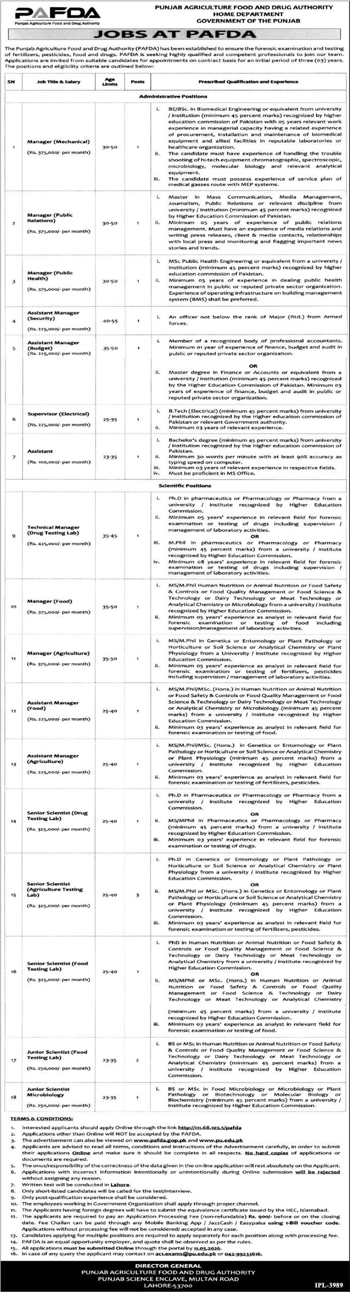 Punjab Agriculture Food and Drug Authority (PAFDA) Jobs 2026 – Lahore