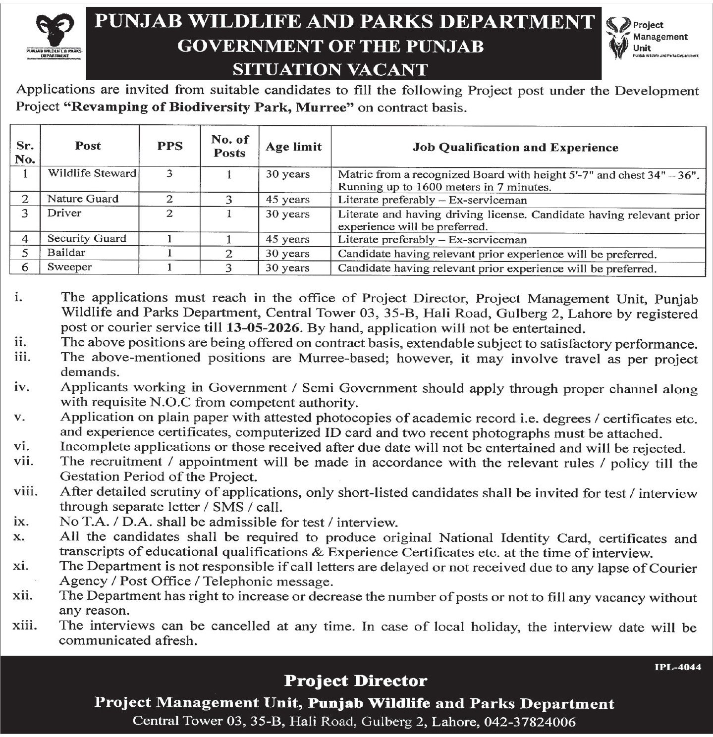 Punjab Wildlife & Parks Department Jobs 2026