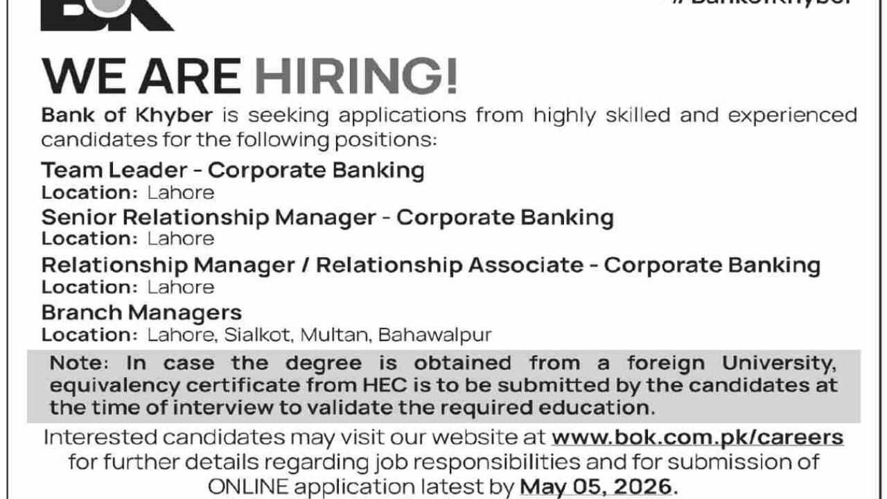 Bank of Khyber BOK Jobs 2026 in Lahore – Corporate & Branch Banking Careers
