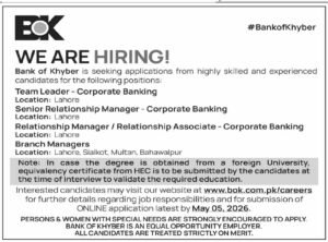 Bank of Khyber BOK Jobs 2026 in Lahore – Corporate & Branch Banking Careers