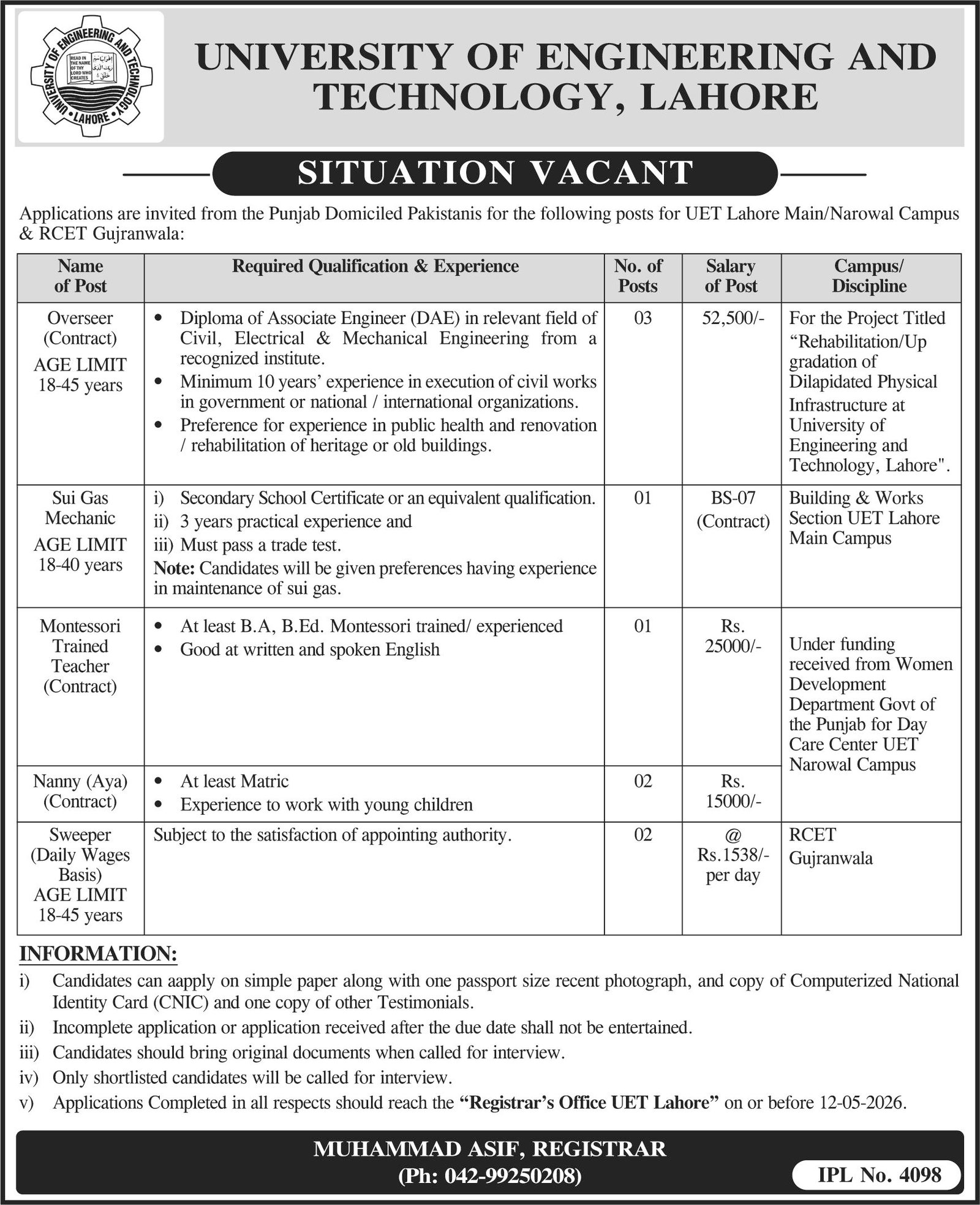 University of Engineering and Technology Lahore Jobs 2026
