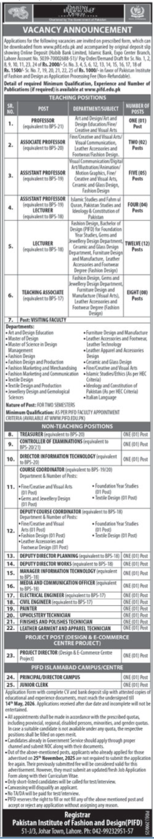 Pakistan Institute of Fashion & Design Jobs 2026