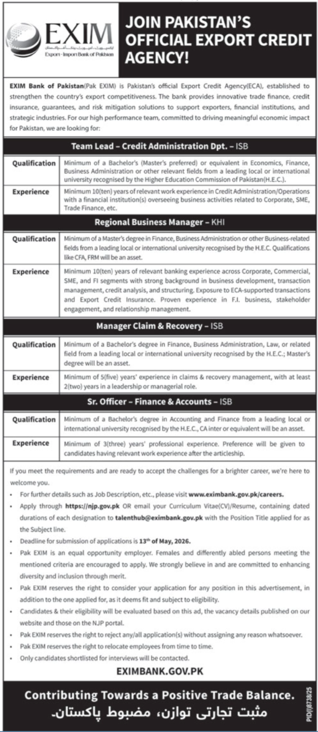 EXIM Bank of Pakistan Jobs 2026 – Multiple Career Opportunities in Islamabad & Karachi