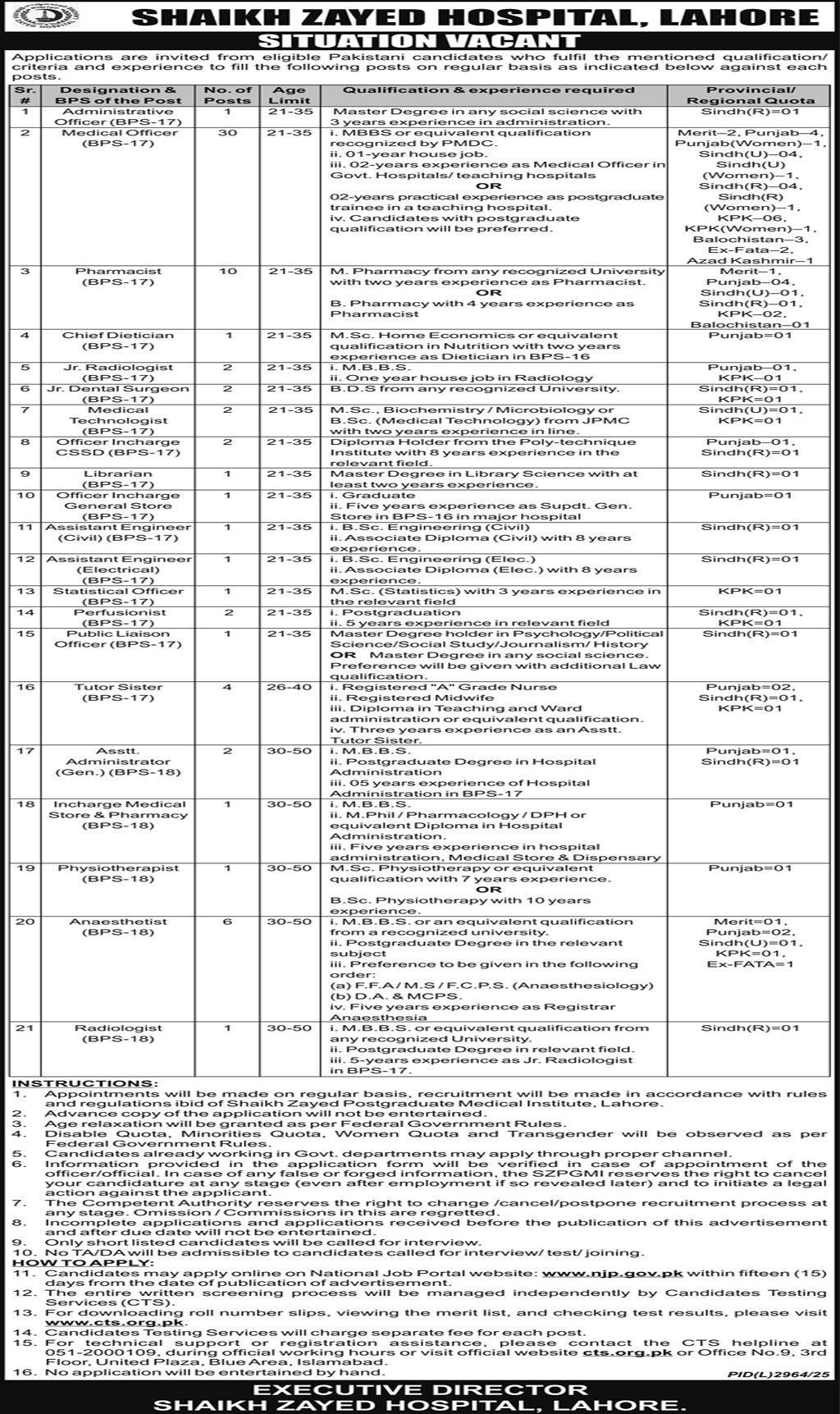 Shaikh Zayed Hospital Lahore Jobs 2026 – Multiple Medical & Administrative Vacancies