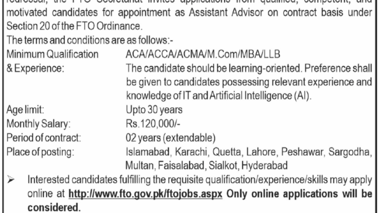 Federal Tax Ombudsman Secretariat Jobs 2026 – Assistant Advisor (Multiple Cities, Pakistan)