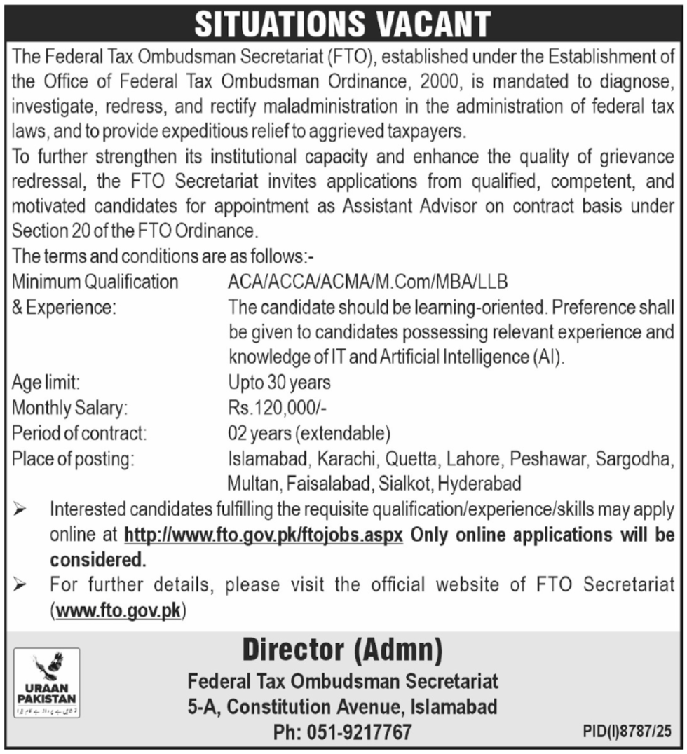 Federal Tax Ombudsman Secretariat Jobs 2026 – Assistant Advisor (Multiple Cities, Pakistan)
