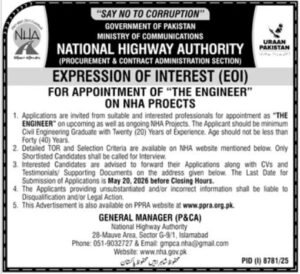 National Highway Authority (NHA) Jobs 2026 – Engineer Required