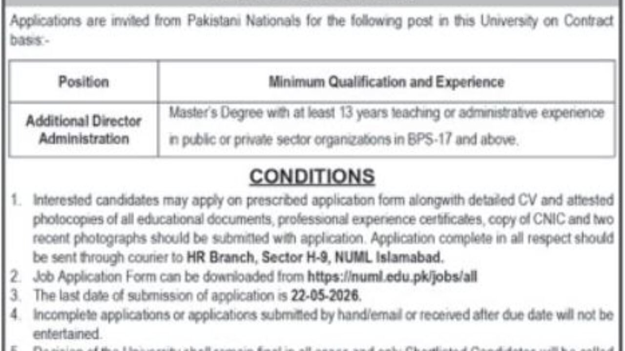 National University of Modern Languages (NUML) – Management Jobs 2026