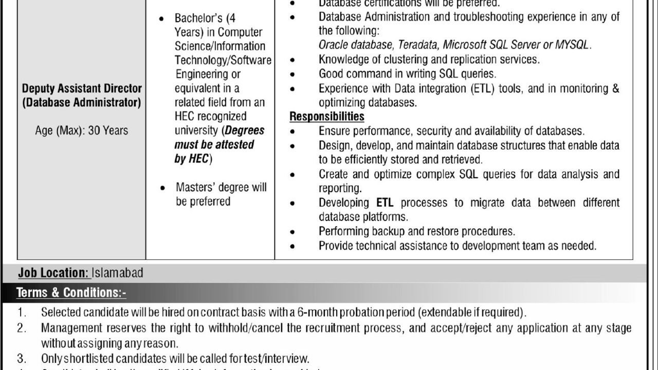 National Database & Registration Authority (NADRA) Jobs 2026 – Islamabad