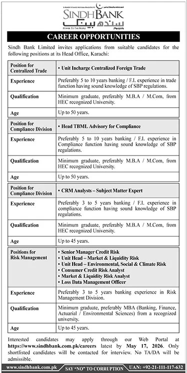 Sindh Bank Limited – Career Opportunities 2026