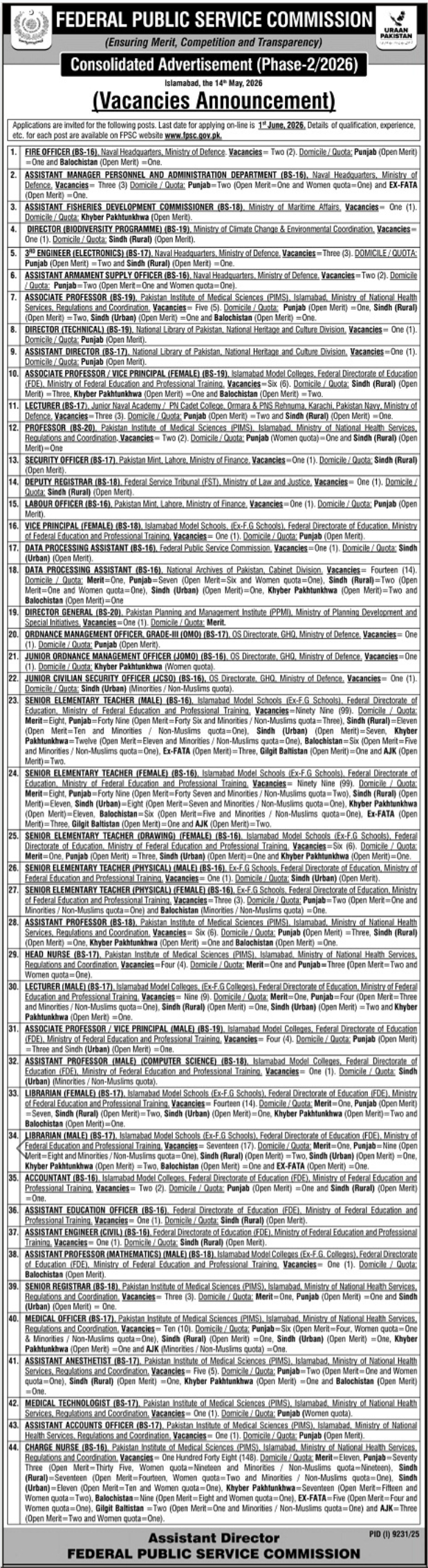 Federal Public Service Commission (FPSC) Jobs 2026 – Multiple Government Vacancies in Islamabad