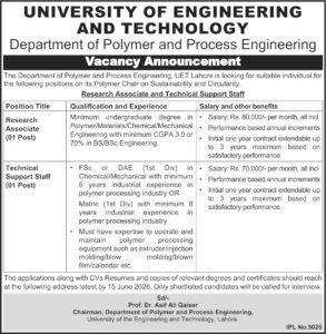 University of Engineering and Technology Lahore Jobs 2026 – Technical Support Staff & Research Associate