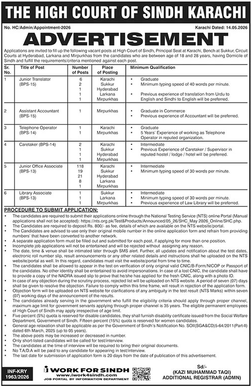 Sindh High Court Jobs 2026 in Karachi – Latest Government Vacancies (Apply Before 09 June 2026)
