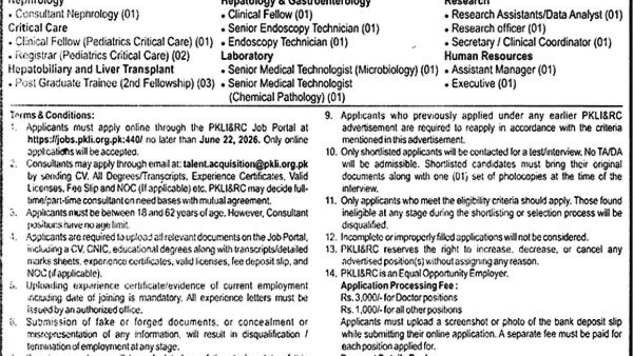 PKLI Jobs 2026 in Lahore – Multiple Management & Medical Vacancies at Pakistan Kidney and Liver Institute