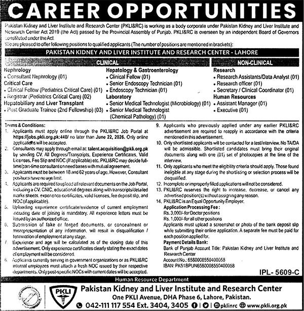PKLI Jobs 2026 in Lahore – Multiple Management & Medical Vacancies at Pakistan Kidney and Liver Institute