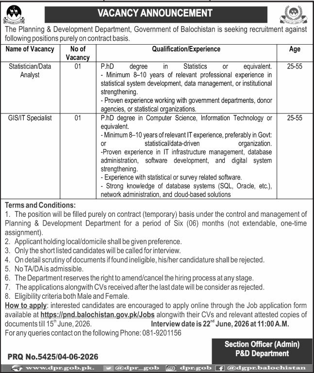 Planning & Development Department Jobs 2026 in Quetta – Latest Government Career Opportunities