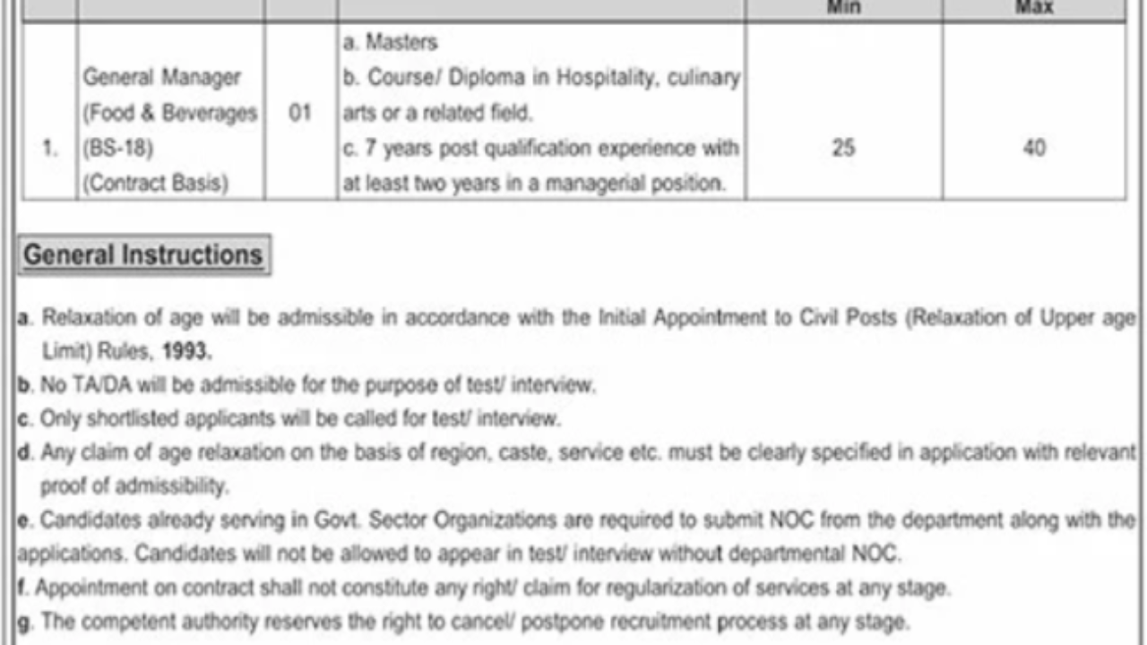 General Manager (Food & Beverages) Jobs 2026 in Islamabad Government Organization